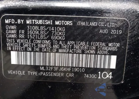 2019 Mitsubishi Mirage G4 Es z USA, uszkodzony, nr VIN ML32F3FJ6KHF19010
